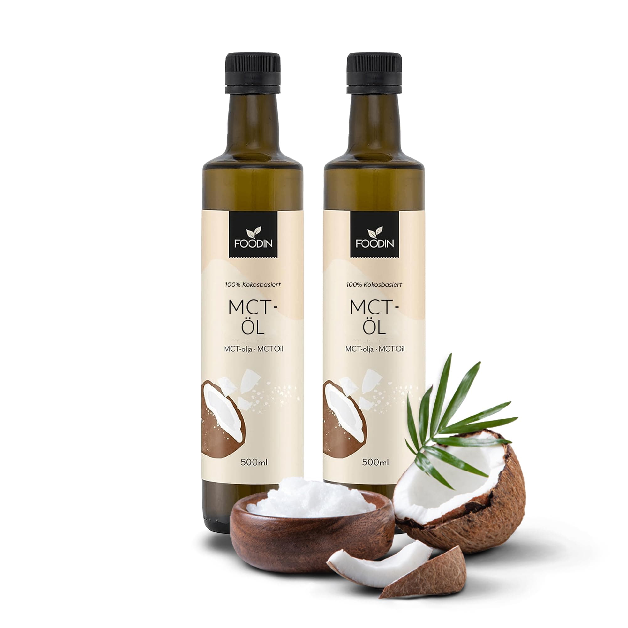 FOODIN MCT Öl 1000ml (2 x 500 ml) aus 100% Kokosöl, Medium-Chain Triglyceride (MCT) Oil, Hergestellt aus produzierter Kokosnuss, 100% glutenfrei und vegan, Ideal für Ketogene Ernährung MCT 2 x 500ml