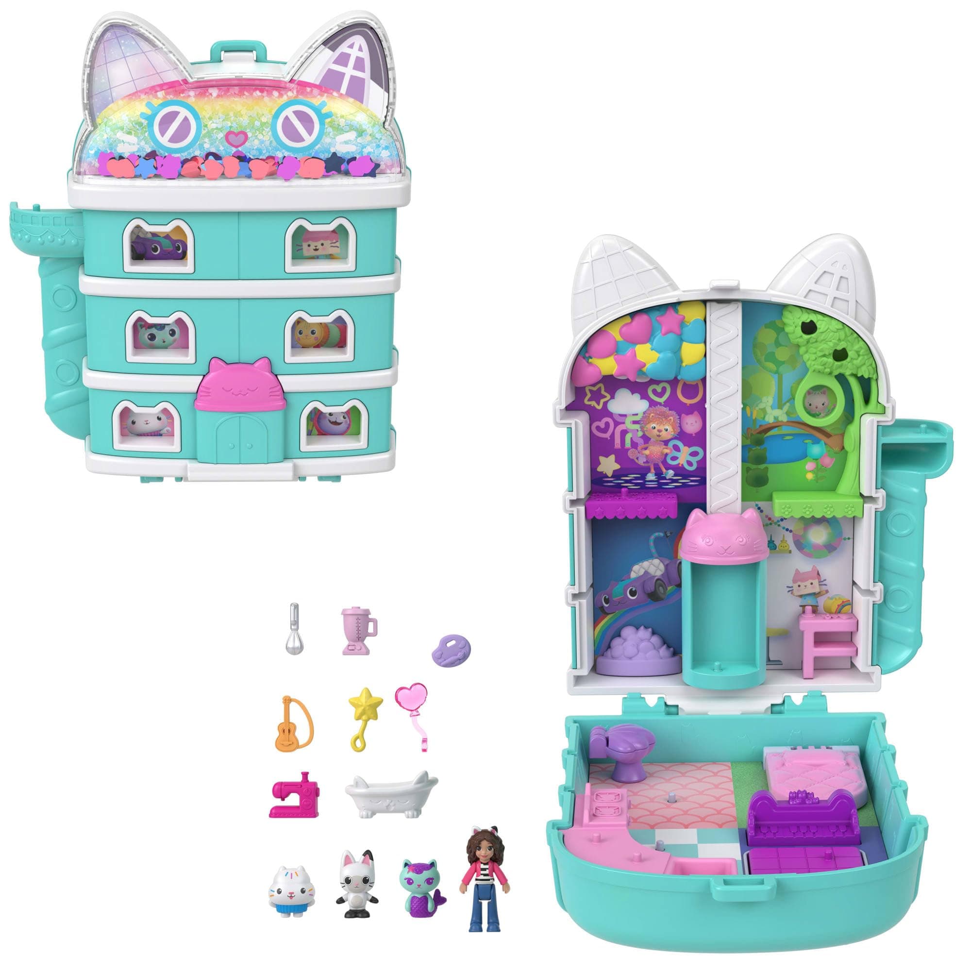 Schatulle von Polly Pocket x Gabby’s Dollhouse, Minipuppen und Spielset, 9 passende Zubehörteile, Tierfreunde Pandy Paws, Cakey, und Mercat, JFV02 Angebot bei HelloDeals