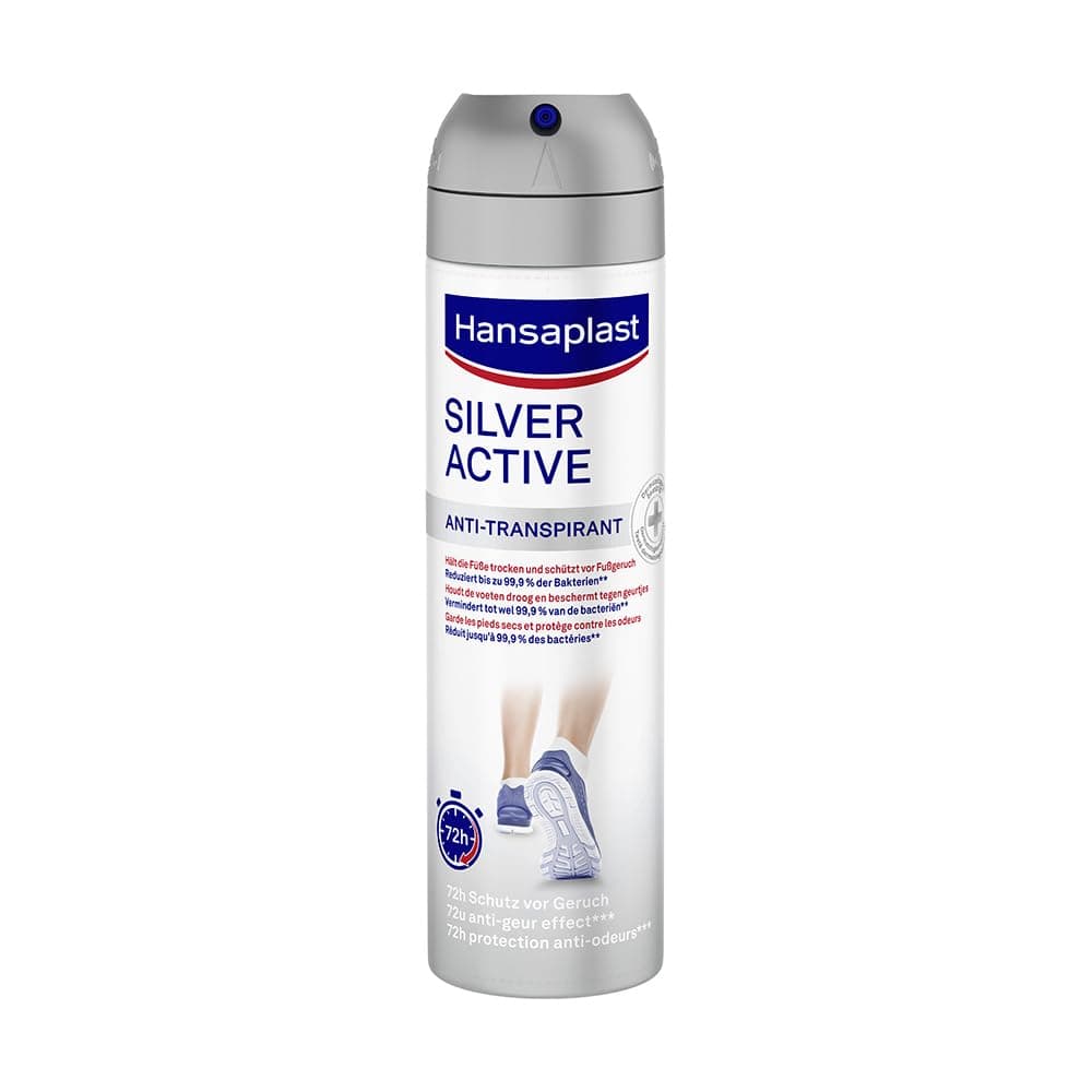 Hansaplast Silver Active Fußspray (150 ml), Fußdeo Anti-Transpirant mit 72 h Schutz vor Fußgeruch und Schweiß, Aktiv-Komplex mit Silber-Ionen