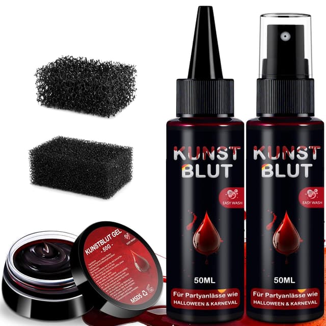 Kunstblut Halloween Fake Blood 3er Set - 50ml Kunstblut Spray + 50ml Tropfendes Blut + 50g Geronnenes Blutplasma, Abwaschbar Fake Blut Halloween Schminke für SFX Make Up Zombies Vampire Cosplay