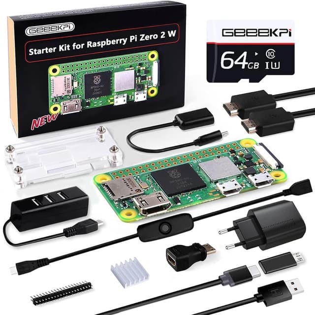 GeeekPi Starter Kit für Raspberry Pi Zero 2 W with RPi Zero 2 W Case, 64GB SD Card Preloaded OS, QC3.0 Power Supply, 20 Pin Header, Micro USB to OTG Adapter, HDMI Cable, Heatsink, ON/Off Switch Cable
