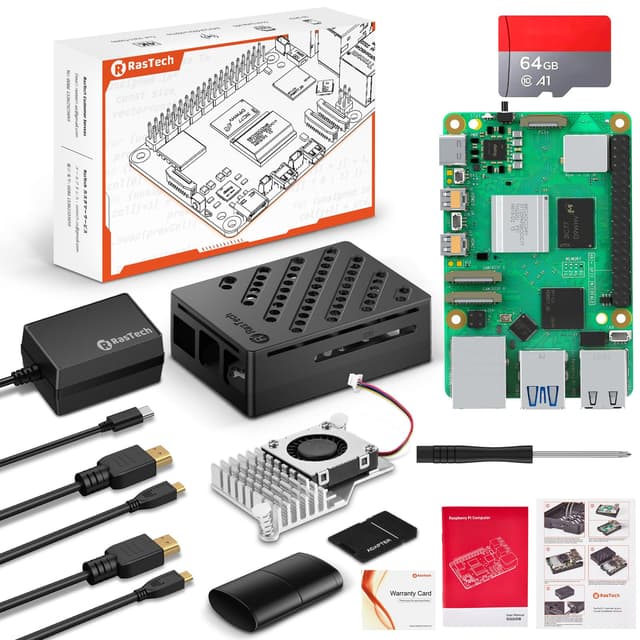 RasTech Raspberry Pi 5 8GB Kit 64GB Edition mit Active Cooler, 27W 5.1V5A USB-C Netzteil, Pi5 8GB Board, 64GB Kartenleser Kit, Pi 5 Gehäuse, Dual 4K Micro HD Out Kabel und Benutzerhandbuch