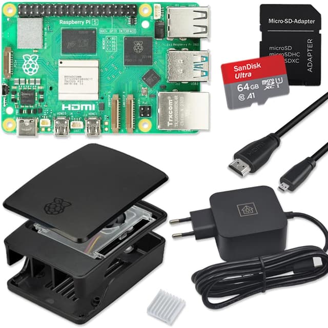 Raspberry Pi 5 8GB Starter-Kit schwarz | USB-C 45W Netzteil | Gehäuse mit Lüfter | Ultra 64 GB SD Karte | 4K Micro HDMI Kabel | Kühlkörper | Raspberry Pi 5 8GB RAM