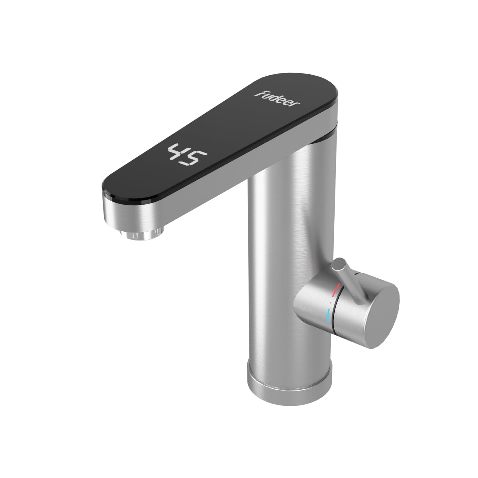 Fudeer wasserhahn mit durchlauferhitzer 230V, 3.3KW Badezimmer Elektrischer Wasserhahn mit digitaler Anzeige (30-45℃),Schnelles Aufheizen, 120° drehbarer Auslauf, 304 Edelstahl(Silber) XH-502 Sliver