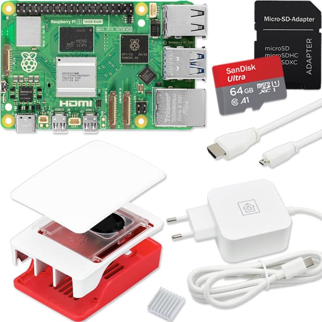 Raspberry Pi 5 16GB Starter-Kit | 64GB Ultra Edition | 45W Netzteil | Offizielles Gehäuse mit Lüfter | 4K Micro HDMI Kabel 1m | Alu-Kühlkörper