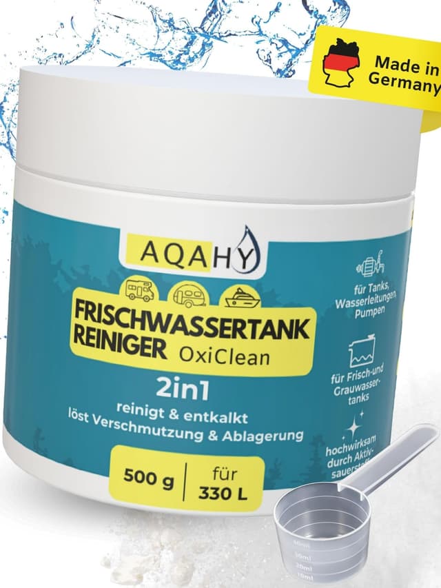 AQAHY Wassertank Reiniger Wohnmobil Oxi Clean (500g) - Frischwassertank Reiniger 2in1 reinigt und entkalkt – hochwirksamer Tankreiniger mit Aktivsauerstoff für Tank & Wasserleitung - Made in DE 500g-333L 400g-400L