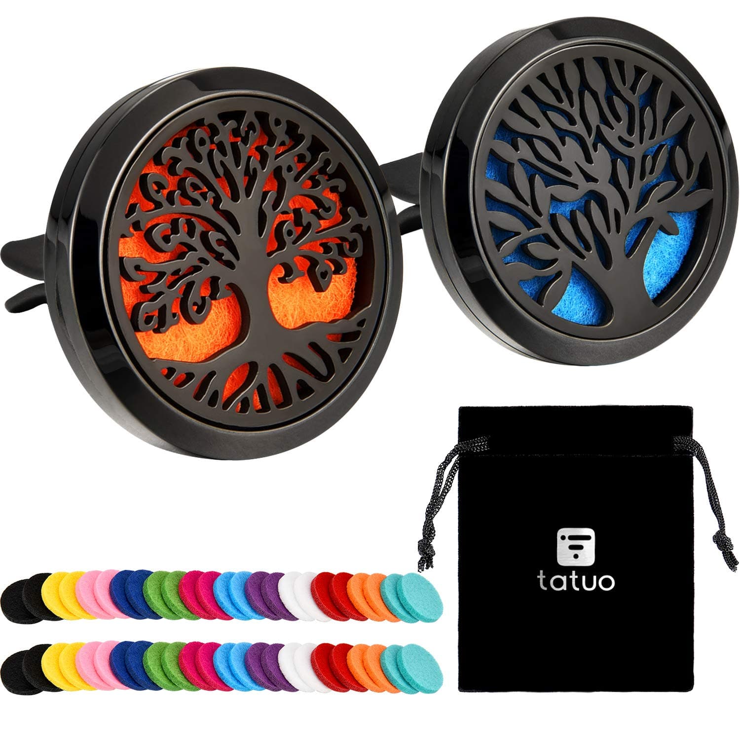 Tatuo 2 Stücke 316L Edelstahl Auto Aromatherapie Ätherisches Öl Diffusor Lufterfrischer Entlüftungs Clip Medaillon mit 48 Stücke Ersatz Filz Pad (Baummuster-Schwarz)