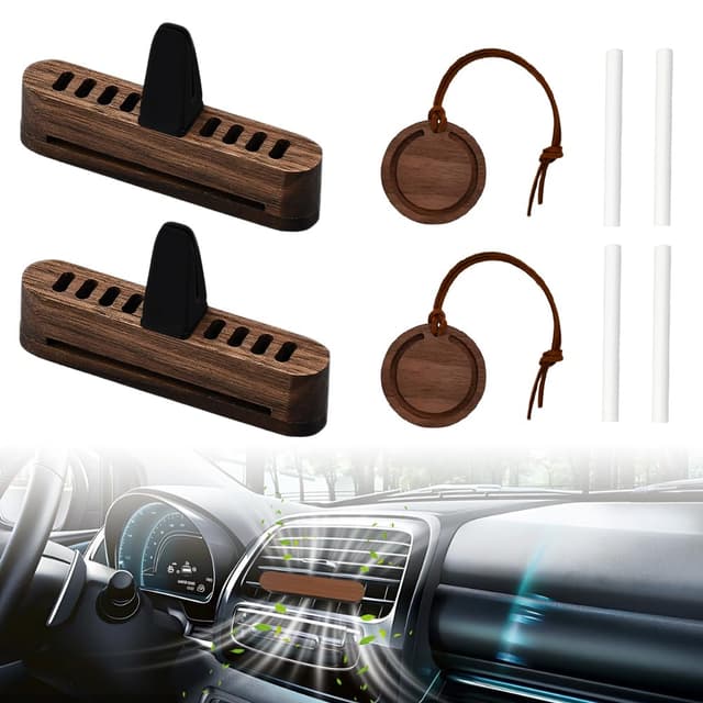 FuxFuis Auto Diffuser für Ätherische Öle Holz Autolüftungsklammer, 2 Aromatherapie Vent Clip + 4 Nachfüllauflagen + 2 Diffusor-Holzspäne, Badezimmer Parfüm Duft Holz Auto Lufterfrischer Vent Diffusor