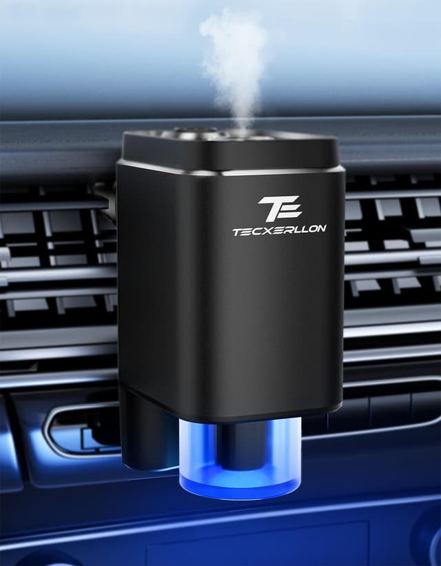 TECXERLLON Smarter Auto-Lufterfrischer Diffusor mit 6 Düften (Cologne/Ozean/Floral Woods/Weißer Tee/Lavendel/Yuzu), 3 Modi, 3200 Anwendungen und 180° Rotation, Elektrischer Auto-Diffusor, Auto An/Aus