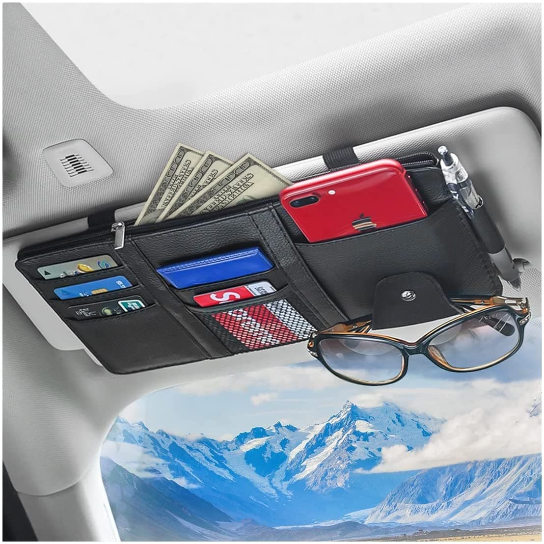 Auto-Sonnenblende-Organizer, Reißverschlusstasche aus Leder für Karten, Führerschein, Stifte, Brillen, Dokumente, Autozubehör (Schwarz) Angebot bei HelloDeals