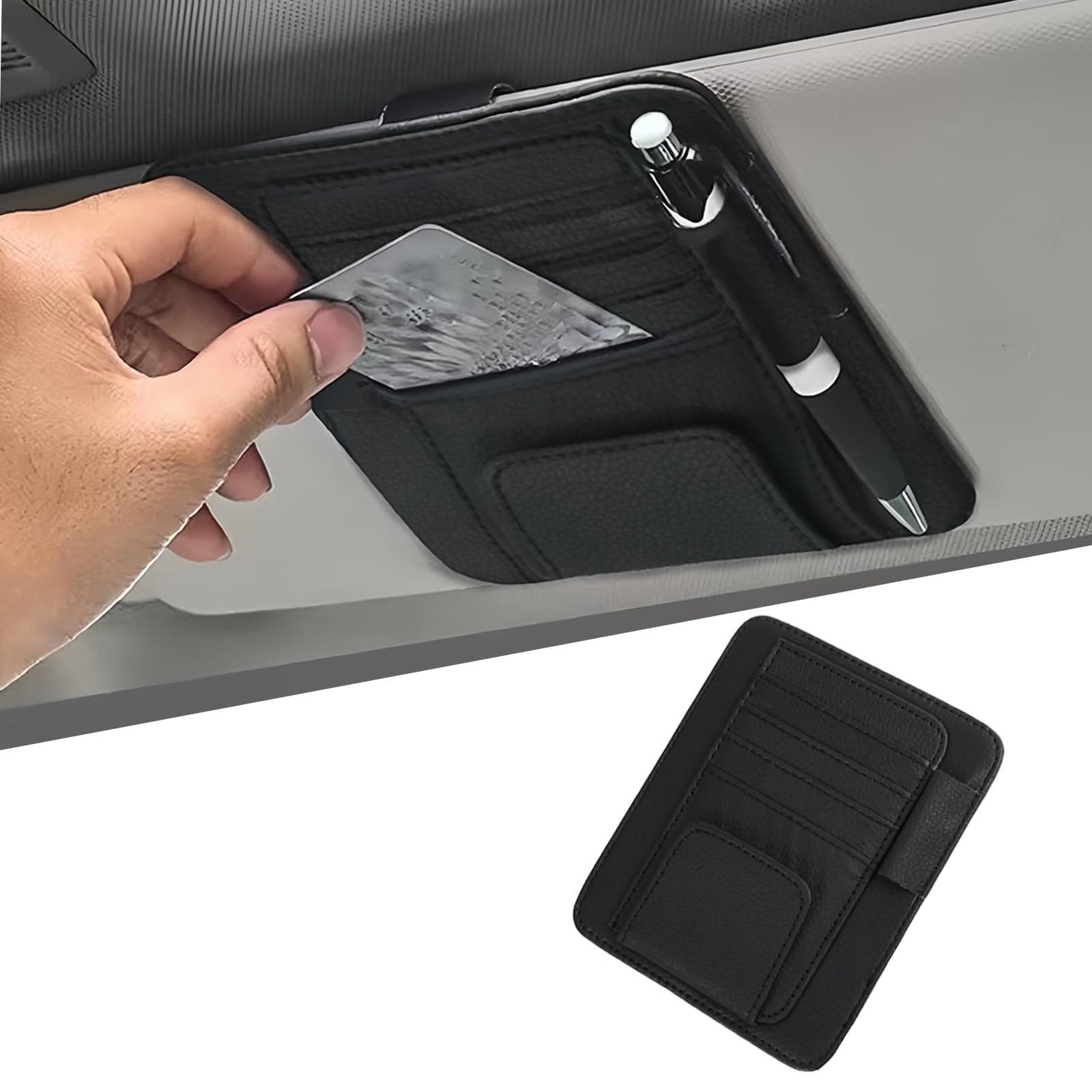 Auto Sonnenblende Organizer, PU Leder Multifunktionaler Karten und Brillenhalter Clip, Aufbewahrungstasche für Sonnenbrille, Stifte, Visitenkarten, Schwarz Angebot bei HelloDeals