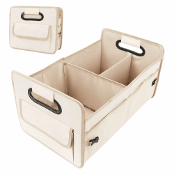 Auto Organizer Kofferraum, Kofferraumtasche mit Fächern, Autobox Kofferraum Faltbar mit Griff, Auto Aufbewahrung Organizer Kofferraum für Camping, Einkaufenf (Beige)