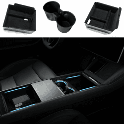 TOPABYTE Mittelkonsole Organizer für Tesla Model Y Juniper Model 3 Highland 2025 2024 Armlehnenablage Armlehne Aufbewahrungsbox Mittelkonsolen Getränkehalter Becherhalter (3 Stück) New Model 3/Y 3PCS