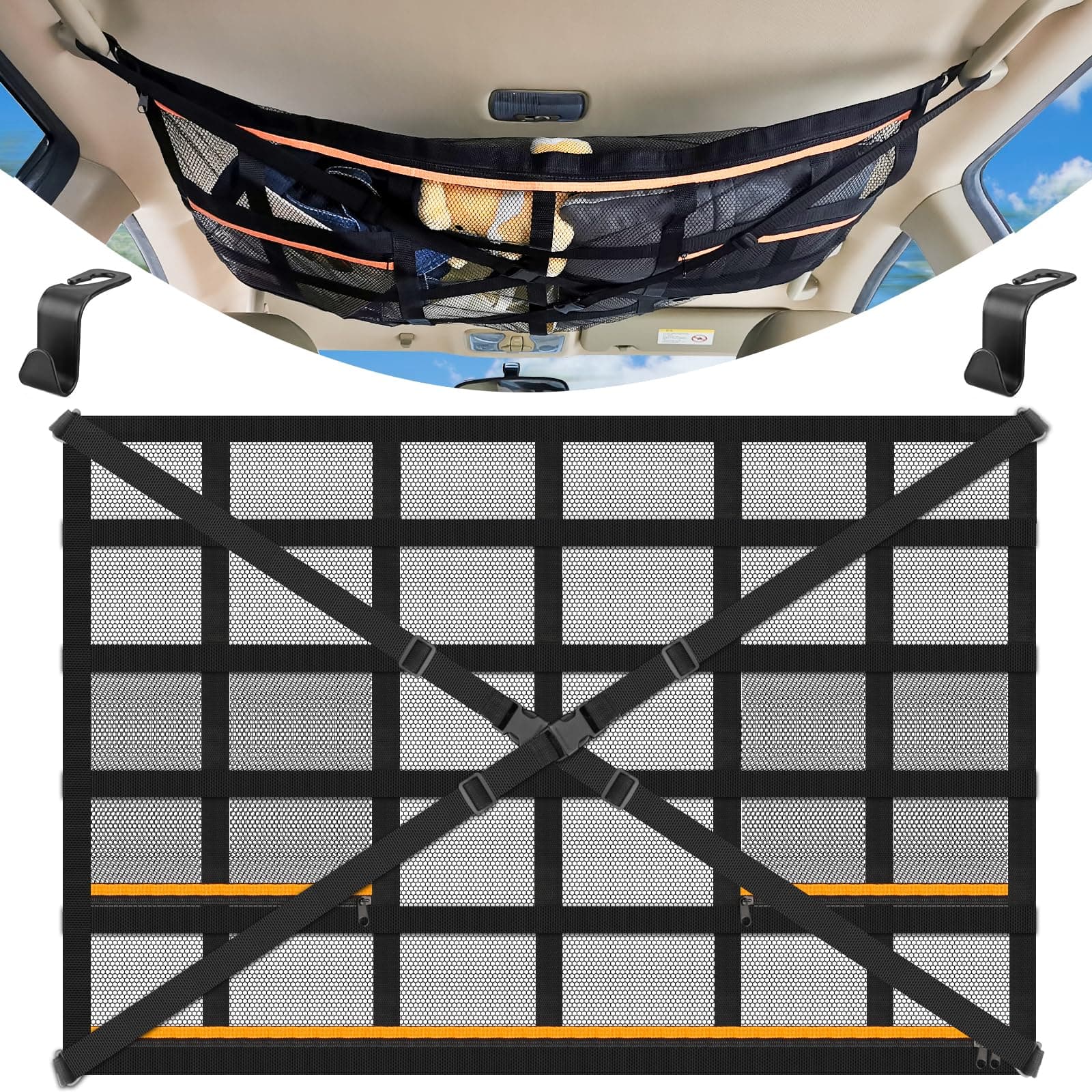 HAPPY FINDING Autodach Gepäcknetz Decke, 90 × 65 cm Universal Aufbewahrungsnetz mit Verstellbare Kreuzgurte und 3 unabhängige Reißverschlusstaschen für Vier Dach Armlehnen auf Autos, Jeeps, Van, SUV Angebot bei HelloDeals