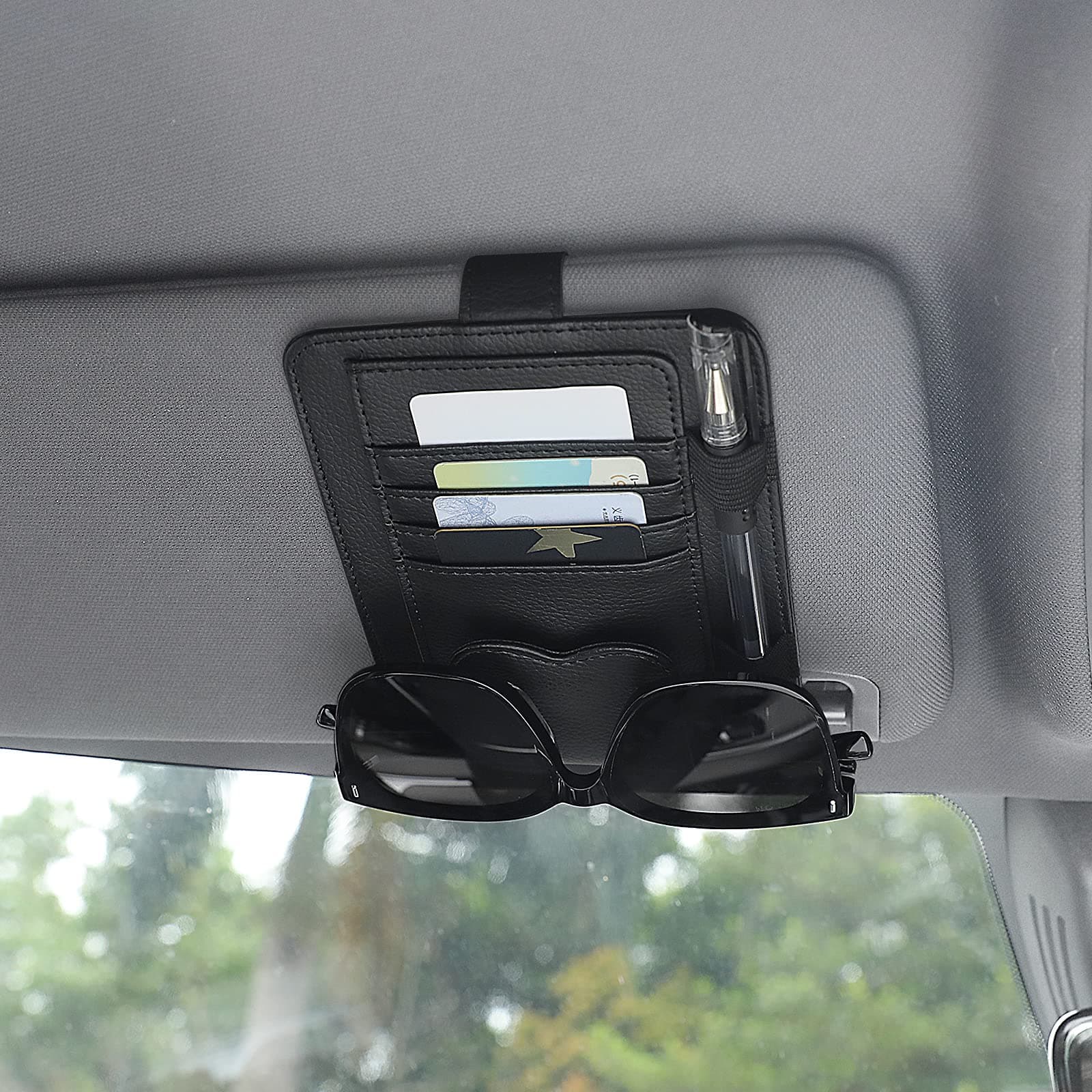 TIESOME Auto-Visier-Organizer, Universal Auto Brillenhalter Clip mit Aufbewahrungsfächern Leder Auto Sonnenbrillenhalter Auto Visier für die Speicherung Sonnenbrille Karte Stift Rechnung (Schwarz) Angebot bei HelloDeals