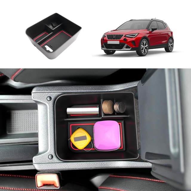 Coleya Mittelkonsole Aufbewahrungsbox Kompatibel Mit Seat Arona/Ibiza 2017-2024, Armlehne Organizer, Mittelarmlehne Handschuhfach Mit Rutschfestermatte (Rot) Für Seat Arona/Ibiza Rot