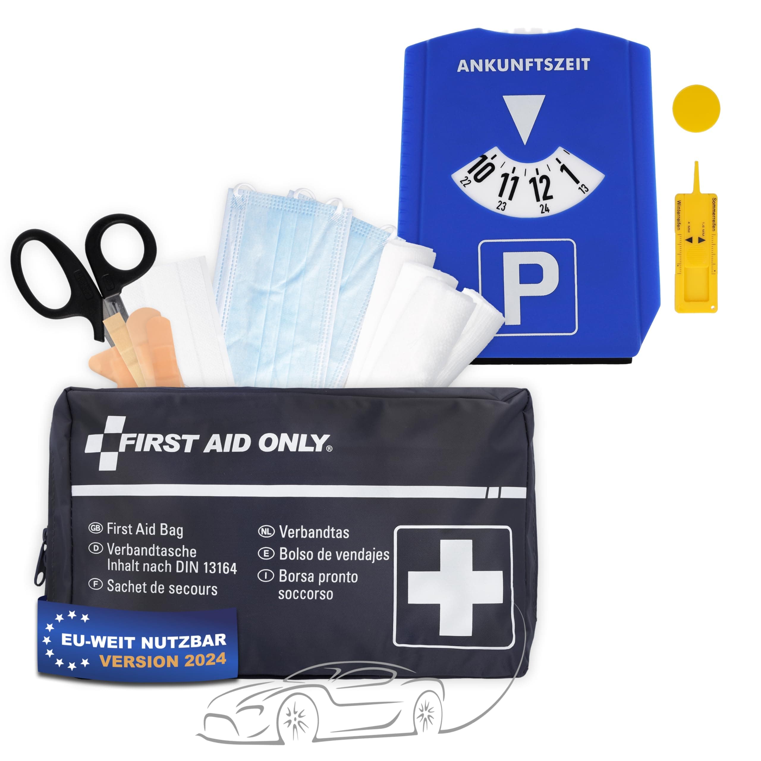First Aid Only Kfz Verbandtasche DIN 13164 inkl. 5-in-1 Parkscheibe | Auto Verbandskasten als Erste Hilfe Set für HU (StVO-konform) | Notfalltasche für Auto und Motorrad | P-10019
