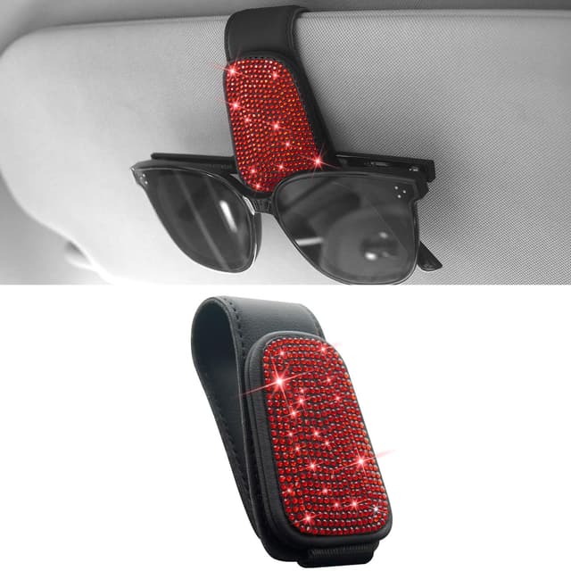 Anwlki Bling Sonnenbrillenhalter für Auto Visier Magnetische Leder Brillenhalter Visier Clip, Strass Brille Brillenbügel Ticket Karte Clip für Frauen Mädchen (Rot)