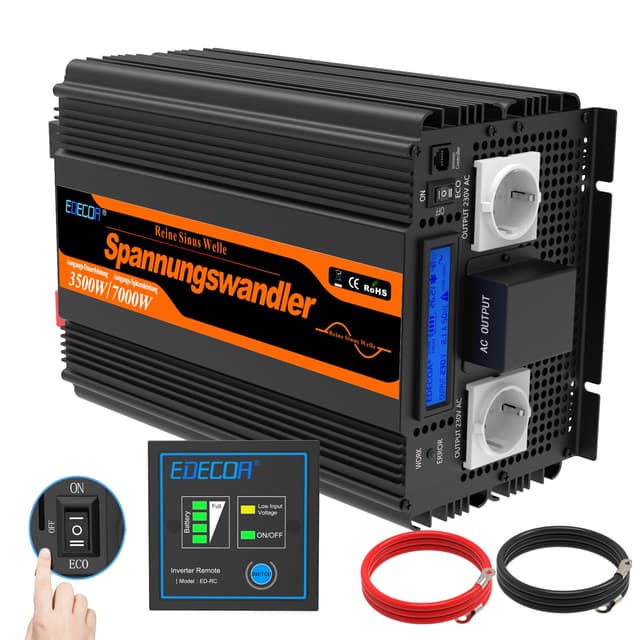 EDECOA Wechselrichter 12v auf 230v Reine Sinus Spannungswandler 3500W und LCD-Bildschirm mit Fernbedienung 2X USB für Wohnmobil solaranlage Power Inverter 3500w 12v LCD