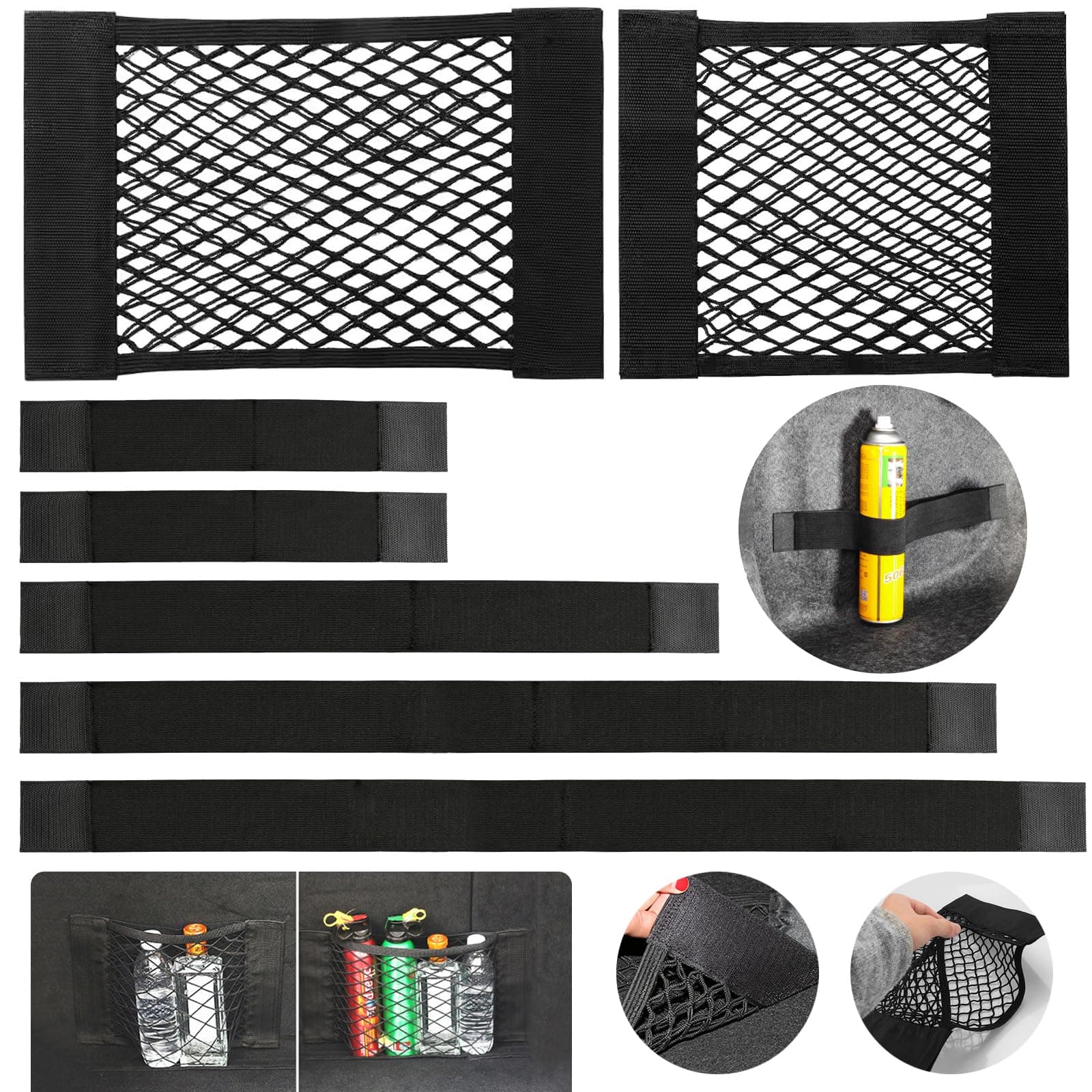 dsDAEDK 7 Stück Kofferraum Netztasche Auto mit Klettverschluss, Schwarz, Universal für Auto/SUV