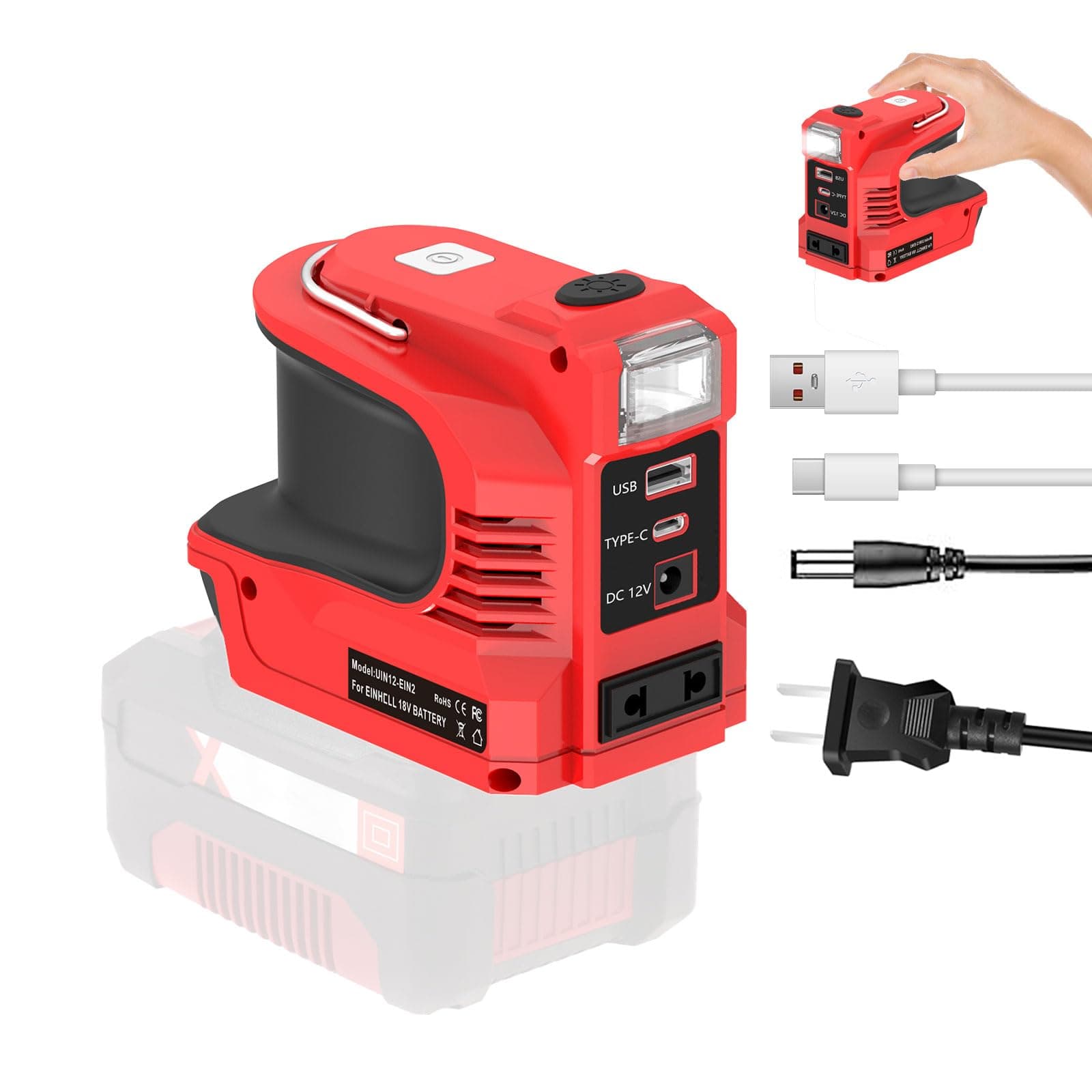 180W Akku Wechselrichter Kompatibel mit EIN-hell 18V Akku, DC 18V auf AC 200V-240V Power Wechselrichter, Spannungswandler Konverter mit 200LMLED Lampe, DC Rundloch, USB-A, USB-C, Wechselstromauslass