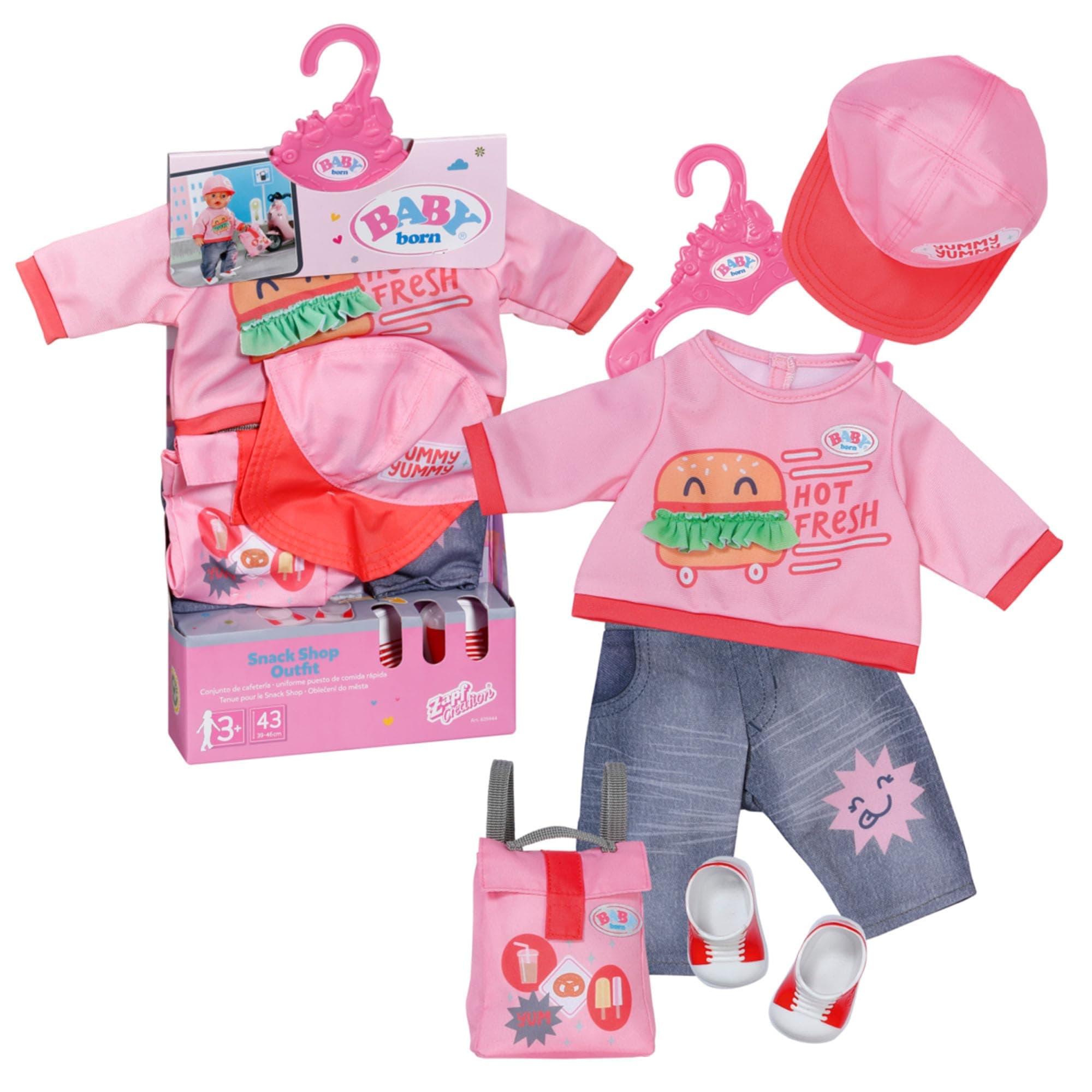 BABY born Snack Shop Outfit 43cm, Outfit mit Cap, Schuhen und Rucksack für 43cm Puppen, 835944 Zapf Creation