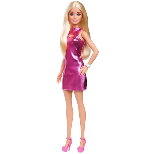 Barbie Fashionistas-Puppe Nr. 230 mit blondem Haar, rosa Metallic-Minikleid mit Herz-Aussparung, weißem Armband und High Heels, HYT88 Metallisch Pink