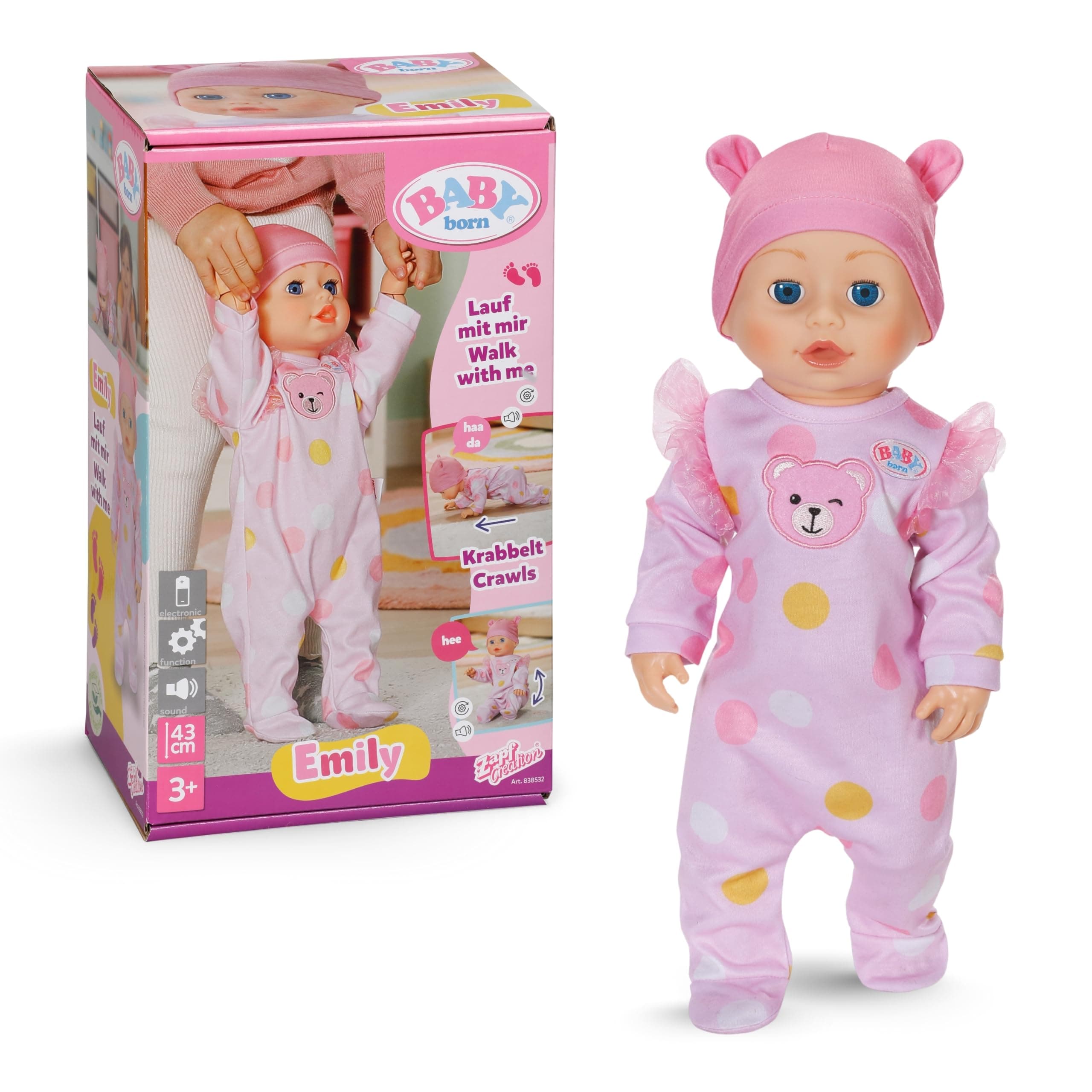 BABY born Emily Lauf mit Mir - 43 cm Puppe mit elektronischen Funktionen - Krabbel- & Lauflernpuppe mit Soundfunktion - Inkl. rosa Strampler & Mütze - Geeignet für Kinder ab 3 Jahren
