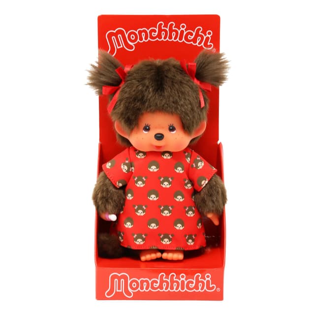 Sekiguchi 221295 - Original Monchhichi Mädchen, Plüschtier mit Monchichikleid und Schleifen, ca. 20 cm großes Kuscheltier aus braunem Plüsch