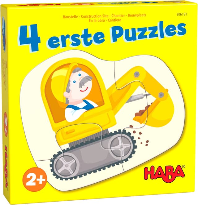 HABA 4 erste Puzzles – Baustelle – Set mit 4 Puzzles ab 2 Jahren, mit Bagger, Laster & Kran-Motiven - 1306181001 Version 2020
