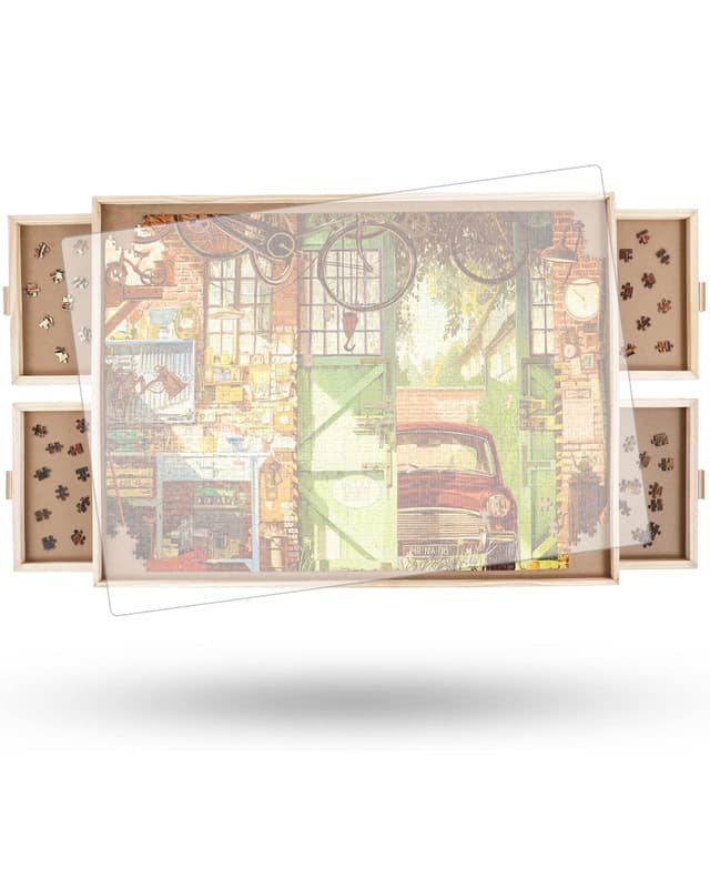 1500 Stück Drehbares Puzzlebrett mit Schubladen und Abdeckung, 64 x 87 cm Tragbarer Holz-Puzzletisch für Erwachsene, Lazy Susan Dreh-Puzzletisch, Geburtstagsgeschenk für Mama Wooden-4 Drawers Medium-1500pcs