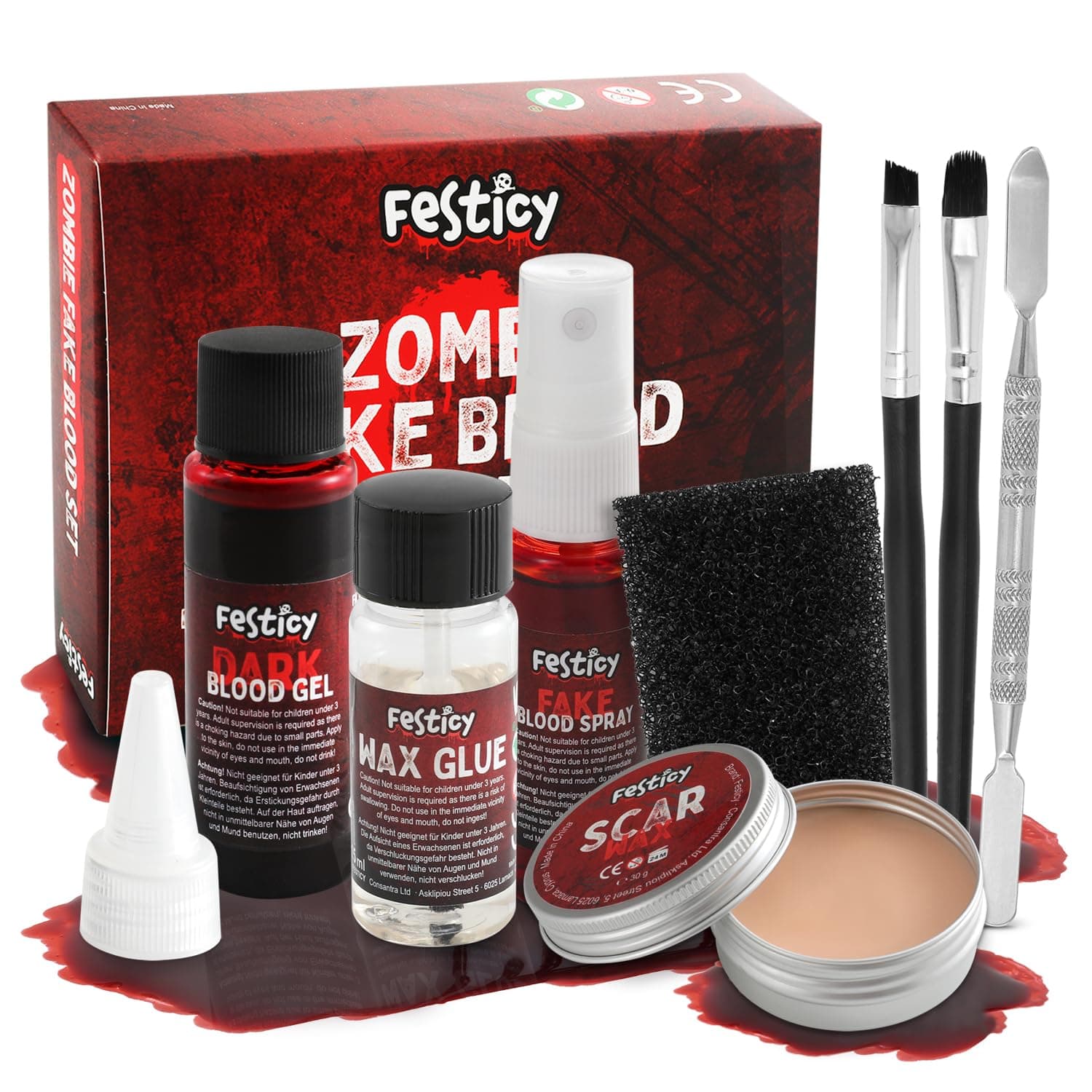Festicy Halloween Spezialeffekt Make Up Set I Kunstblut, Narbenwachs, Blutspray & mehr – Perfekt für gruselige Halloween Kostüme Damen und Herren I Vampir, Zombie, Untoter I SFX makeup Angebot bei HelloDeals