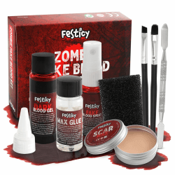 Festicy Halloween Spezialeffekt Make Up Set I Kunstblut, Narbenwachs, Blutspray & mehr – Perfekt für gruselige Halloween Kostüme Damen und Herren I Vampir, Zombie, Untoter I SFX makeup