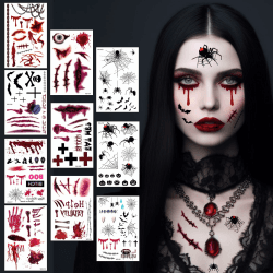 Halloween Tattoo, 10 Blatt Halloween Kostüm Damen Herren Accessoires, Teufel Zombie Vampir Hexe Gruselig Gesichtstattoo, Horror Kostüm Erwachsene Kinder Wunden Narben Kunstblut Gesicht Aufkleber