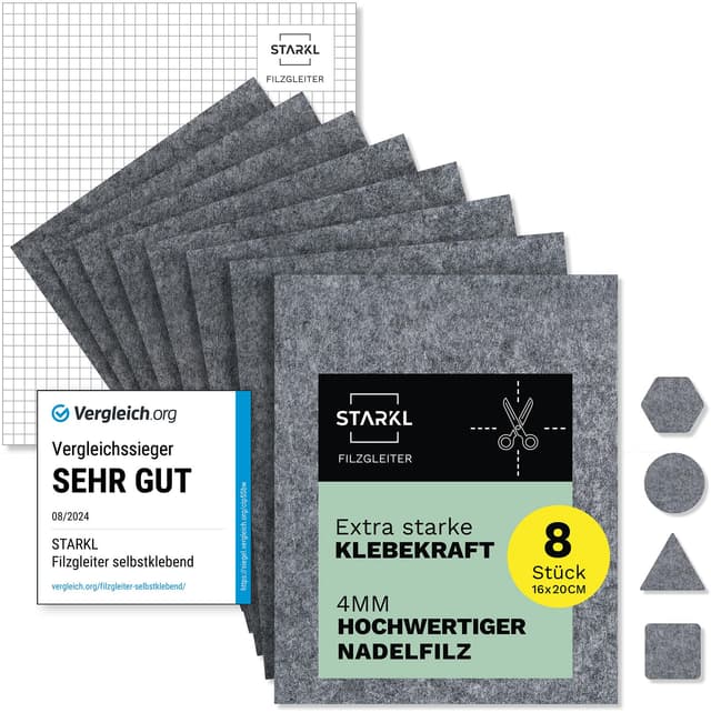 Filzgleiter selbstklebend zum Zuschneiden I 8 Stück 16 x 20cm - 4mm I Filzgleiter für Stühle I Filz selbstklebend I Möbelgleiter aus hochwertigem Nadelfilz I Stuhlgleiter Klebefilz (Grau)