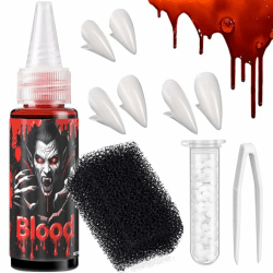 Halloween Zähne Fake Blood Set Vampir Kostümzubehör mit 3 Paar Zähnen Fake Blut Flasche Zombie Make-up für Horror Party Cosplay & Gruselige Kostüme Set mit Kunstblut und Zahnersatz