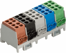 Pollmann Hauptleitungs Abzweigklemme 5 polig für Hutschiene - Strom Verteiler mit VDE, Braun / Grün / Schwarz / Blau / Grau, Kunststoff Einzelpack Single