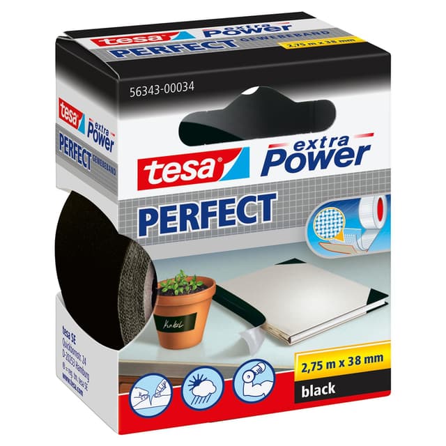 tesa extra Power Perfect Gewebeband - Gewebeverstärktes Ductape zum Basteln, Reparieren, Befestigen, Verstärken und Beschriften - Schwarz - 2,75 m x 38 mm 2,75m x 38mm Schwarz