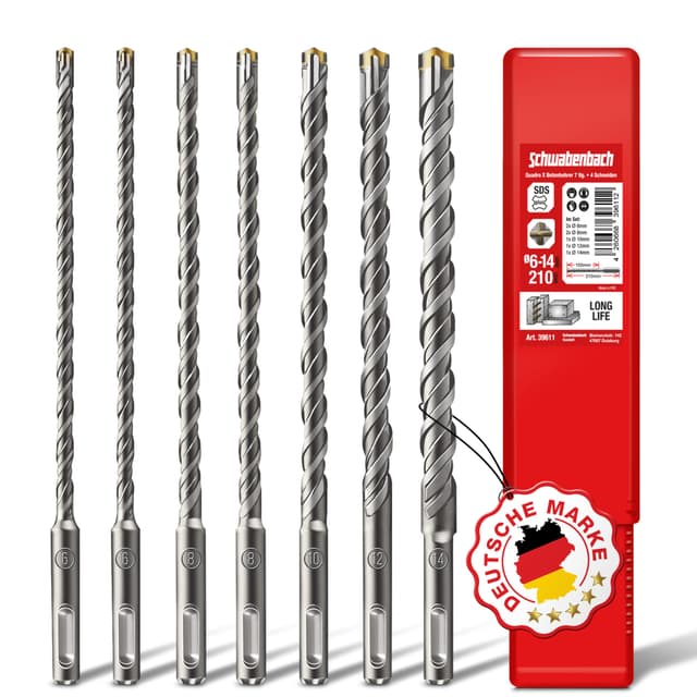 SCHWABENBACH ® SDS PLUS Betonbohrer Set - Super SDS Bohrer Set - 7tlg. 6 8 10 12 14 x 210 mm - Steinbohrer kompatibel mit Bosch Hilti Metabo Bohrhammer - für Schlagbohrmaschine (kein SDS MAX) SET 7tlg. - SDS PLUS - 6-14mm(210mm) SDS Plus Betonbohrer
