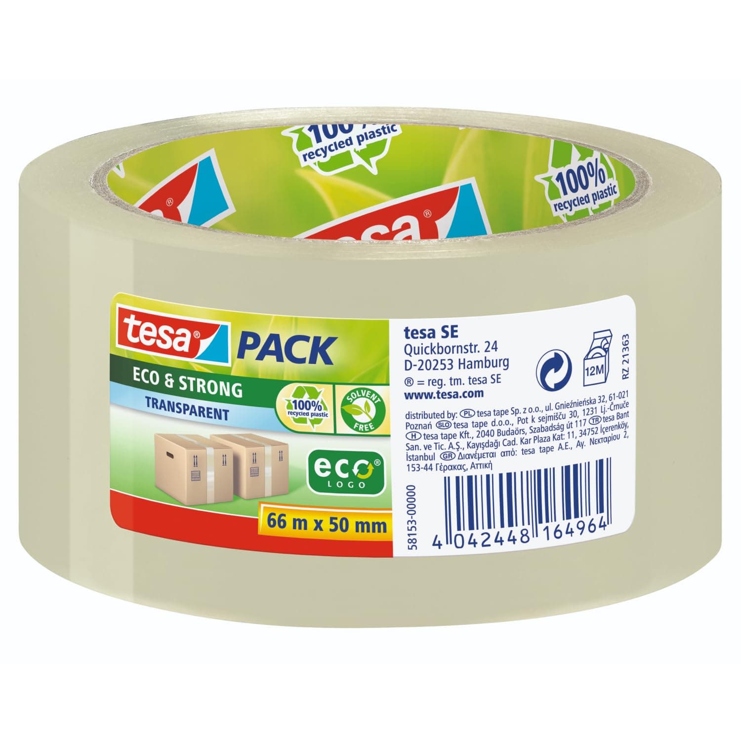 tesapack Eco & Strong - Umweltschonendes Paketband aus 100% recyceltem Kunststoff, UV- und alterungsbeständig - Transparent - 66 m x 50 mm 66m:50mm transparent
