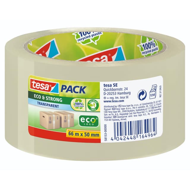 tesapack Eco & Strong - Umweltschonendes Paketband aus 100% recyceltem Kunststoff, UV- und alterungsbeständig - Transparent - 66 m x 50 mm 66m:50mm transparent