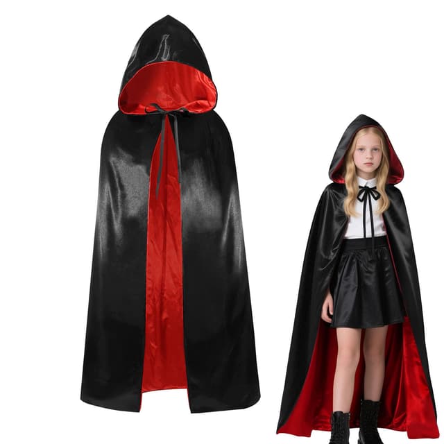 YIMOJOY Halloween Vampir Kostüm Kinder Satin Umhang mit Kapuze 120CM Doppelseitig Vampir Umhang Mädchen für Halloween Karneval Mittelalter Kostüm Party(S)