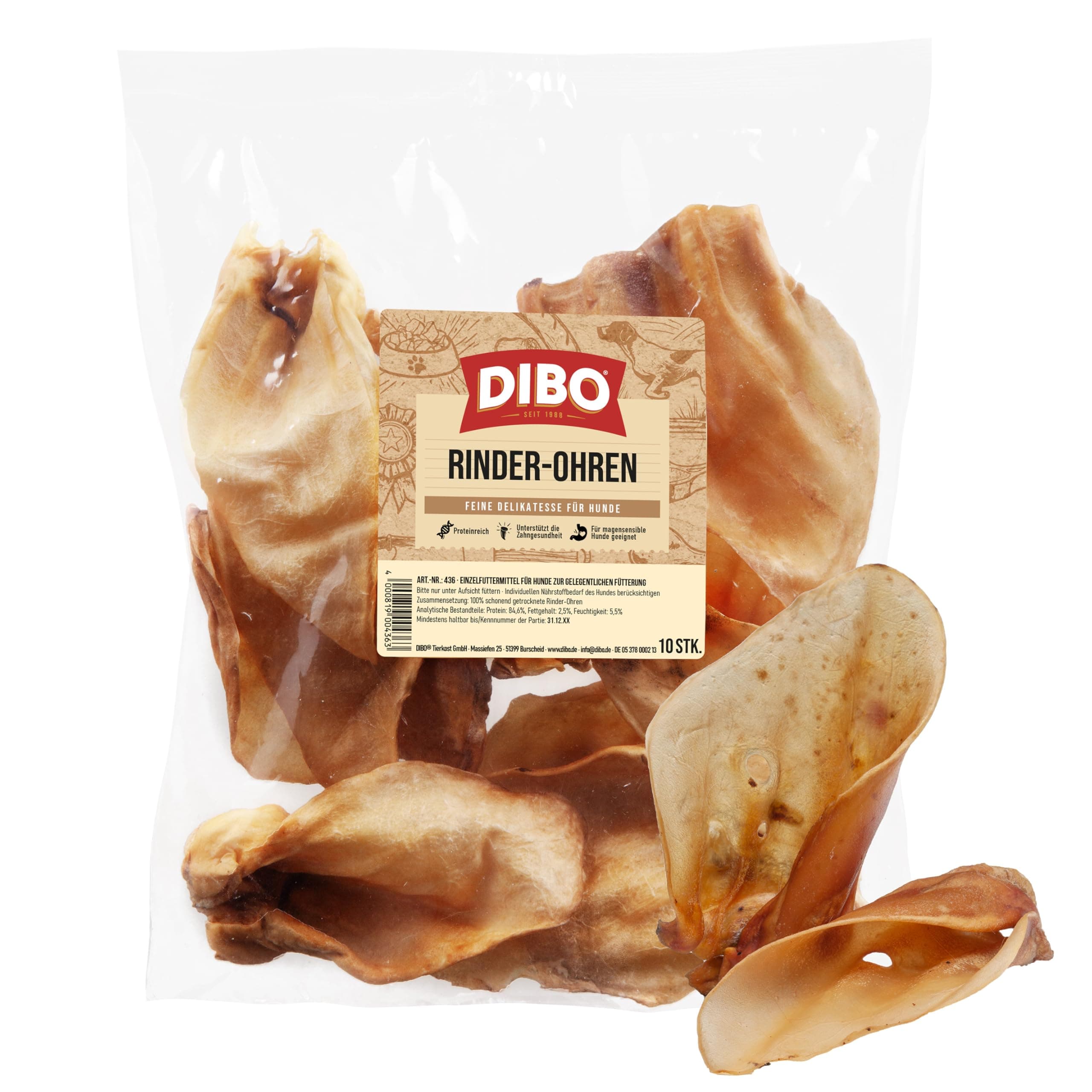 DIBO Rinderohren, 10er-Beutel, der kleine Naturkau-Snack oder Leckerli für Zwischendurch, Hundefutter, Qualitätskauartikel ohne Chemie 1 stück (10er Pack)