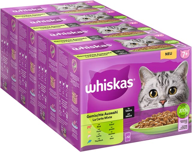Whiskas Senior 7+ Katzennassfutter Gemischte Auswahl in Sauce, 48 Portionsbeutel, 12x85g (4er Pack) – Hochwertiges Katzenfutter nass, für Katzen ab 7 Jahren und älter Gemischte Auswahl (Sauce)