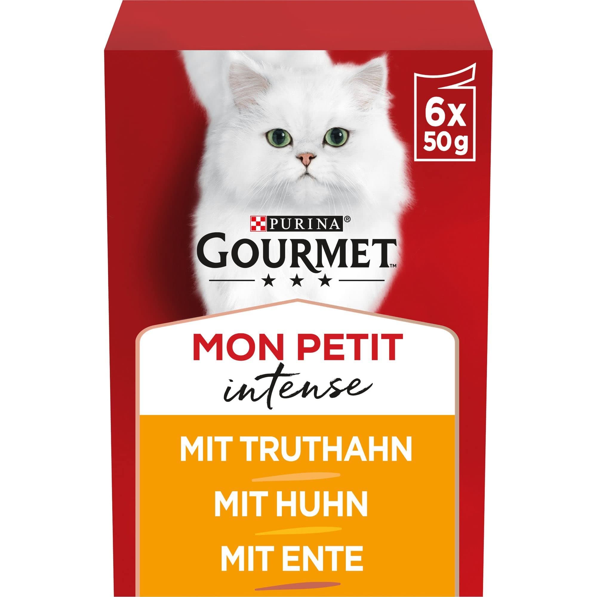 Gourmet Mon Petit Intense Katzenfutter nass, Geflügel-Variationen, 8er Pack (8 x 6 Beutel à 50g) Huhn, Ente, Truthahn