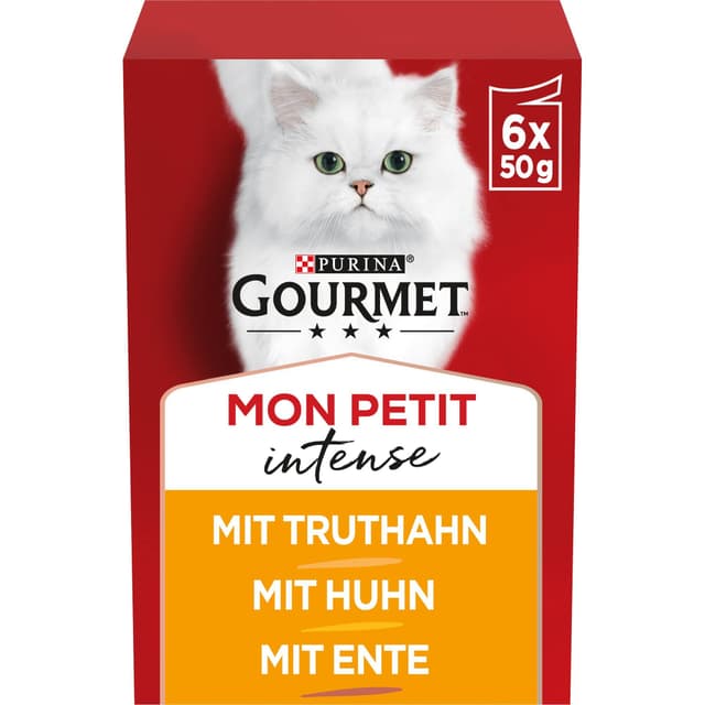 Gourmet Mon Petit Intense Katzenfutter nass, Geflügel-Variationen, 8er Pack (8 x 6 Beutel à 50g) Huhn, Ente, Truthahn