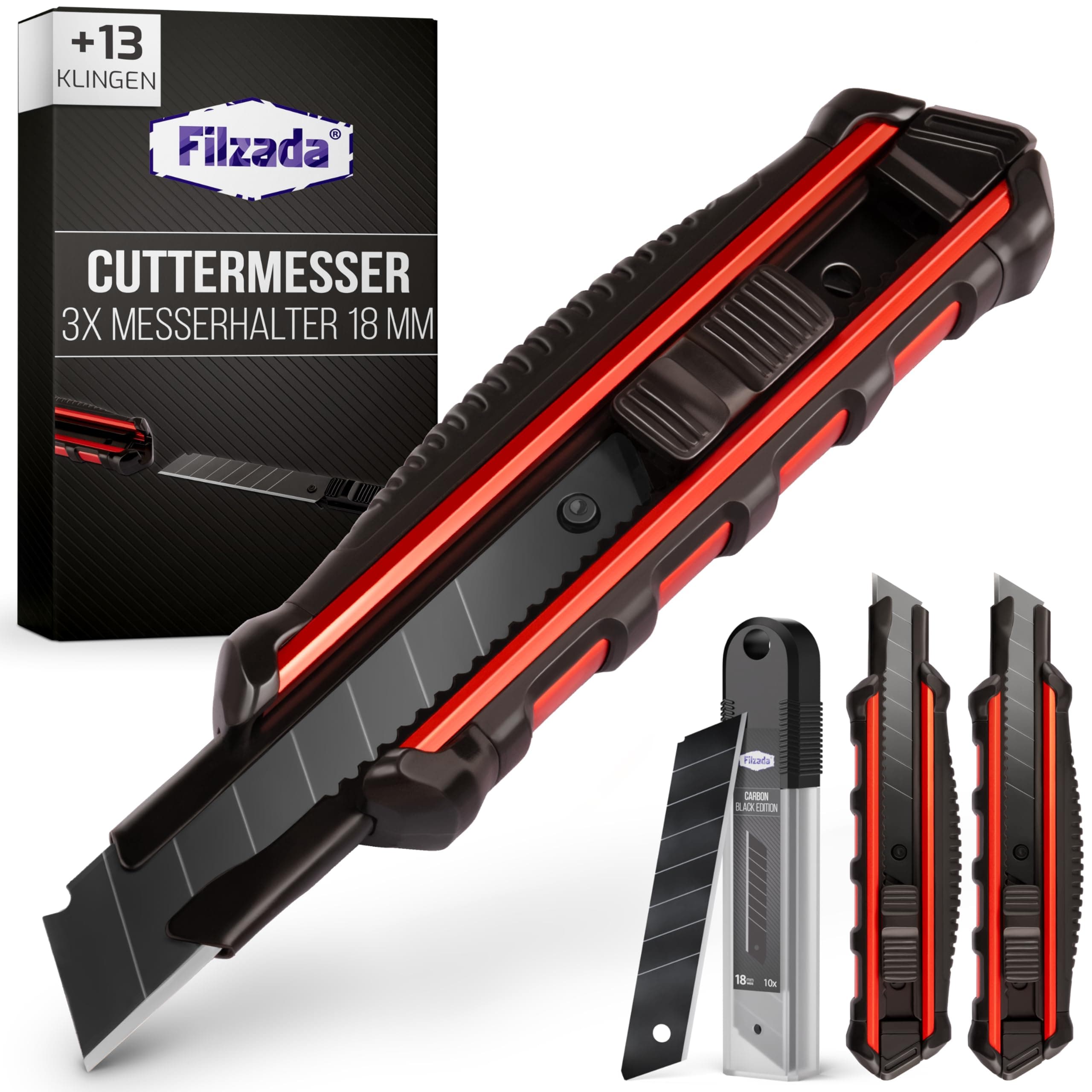 Filzada ® 3x Cuttermesser Profi inkl. 13x Carbonstahl Klingen BLACK - Cuttermesser 18mm - Robustes Teppichmesser Profi - Cutter Messer Set - Kattermesser Metall ULTRASCHARF 3x Cuttermesser-Set