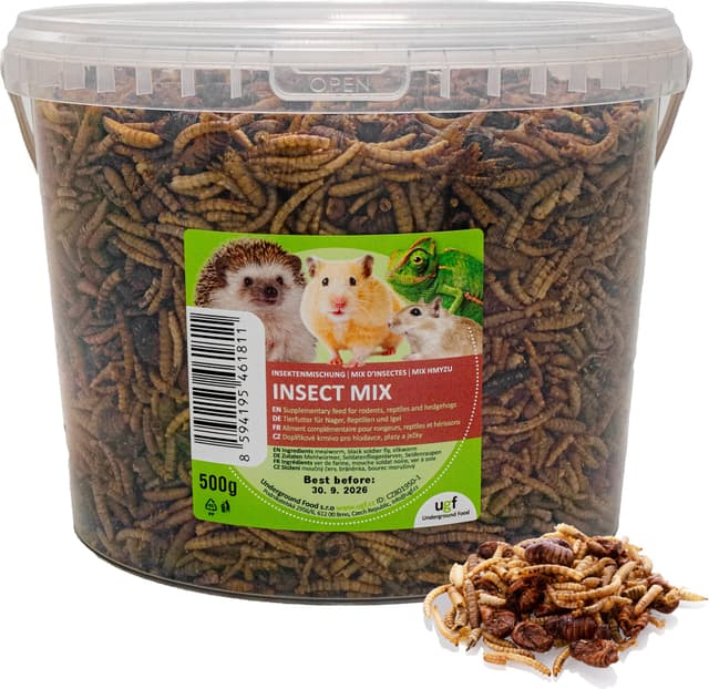 UGF - Insektenmischung, 3 Liter Eimer ≈ 500g, Igelfutter, Rennmausfutter, Hamsterfutter, Rattenfutter, Eidechsenfutter - Mehlwürmer, Soldatenfliegenlarven, Seidenraupen
