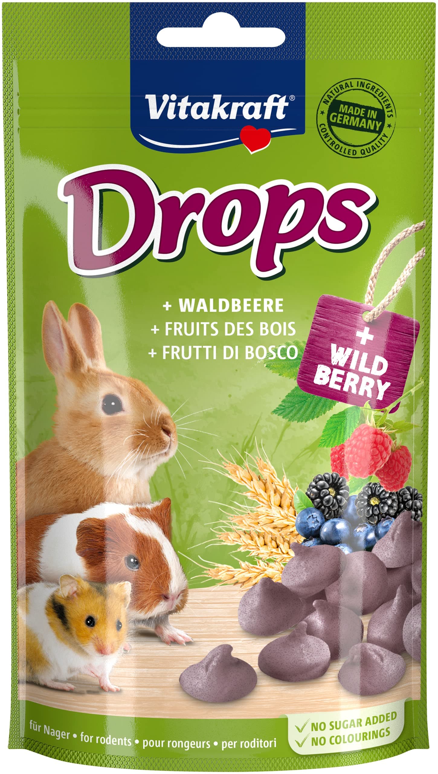 Vitakraft Drops, Leckerlies für Nager, mit Waldbeere, Nagerfutter, zum Verwöhnen, ohne Zusatz von Zucker (1x 75g) Waldbeere 1x 75g