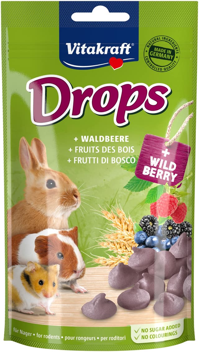 Vitakraft Drops, Leckerlies für Nager, mit Waldbeere, Nagerfutter, zum Verwöhnen, ohne Zusatz von Zucker (1x 75g) Waldbeere 1x 75g